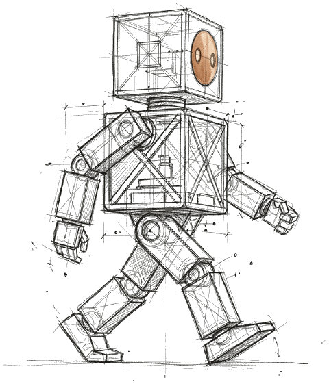 A boxy AI agent walks to the right, seen from the side.