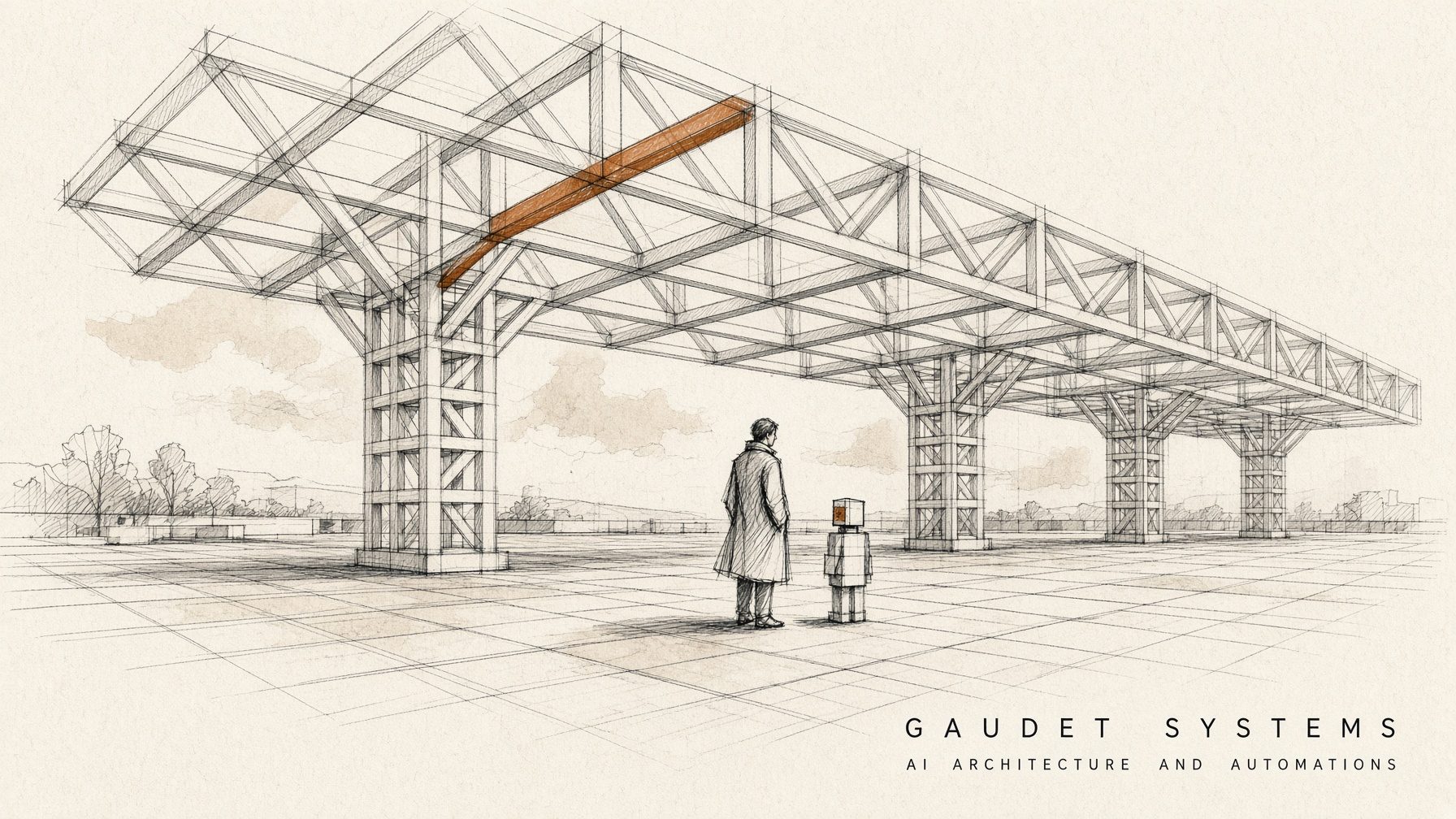 Structural beam drawing with a figure and small AI agent