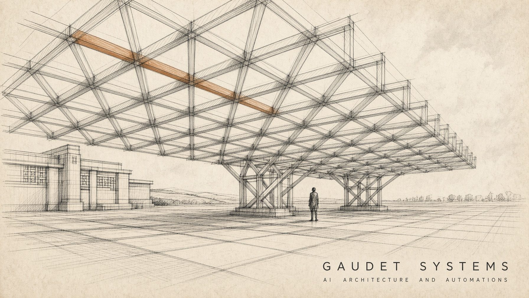 Space frame canopy drawing with prairie-school building