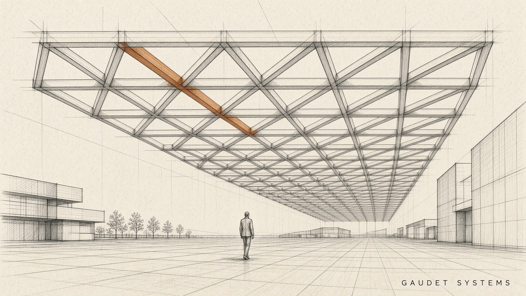 Floating truss plaza drawing with a single walking figure