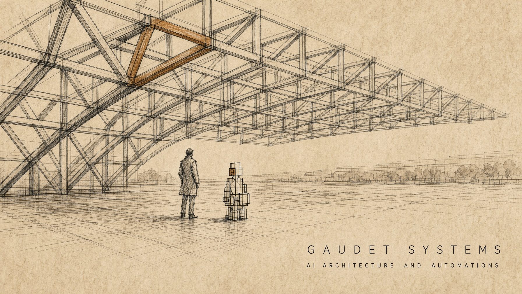 Architectural drawing of a space frame lattice canopy with a figure and a small AI agent standing beneath it