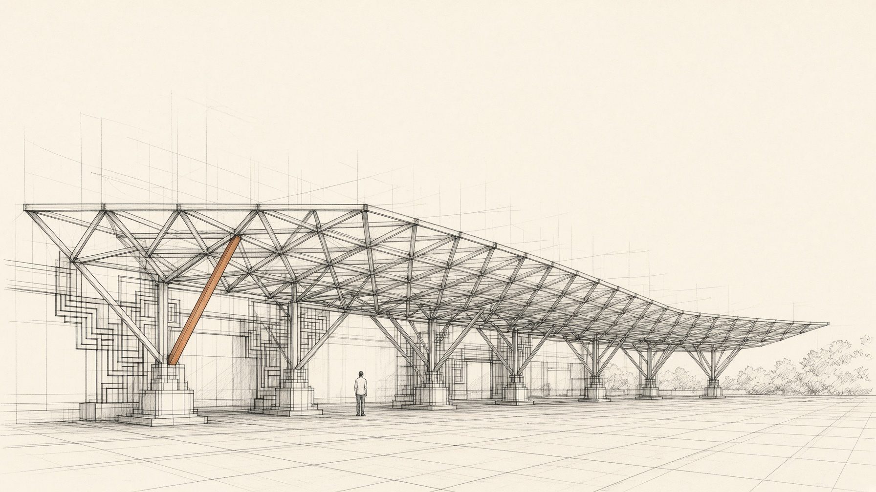 Long space frame structure drawing with prairie-school screen wall