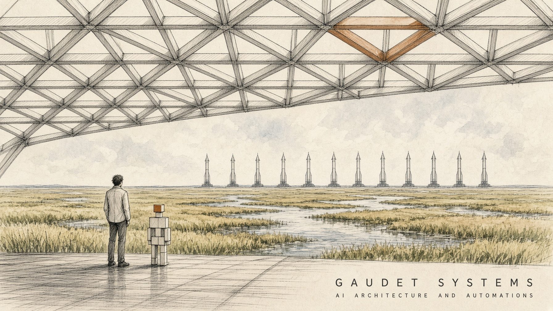 Close view of the marsh platform with launch towers along the horizon