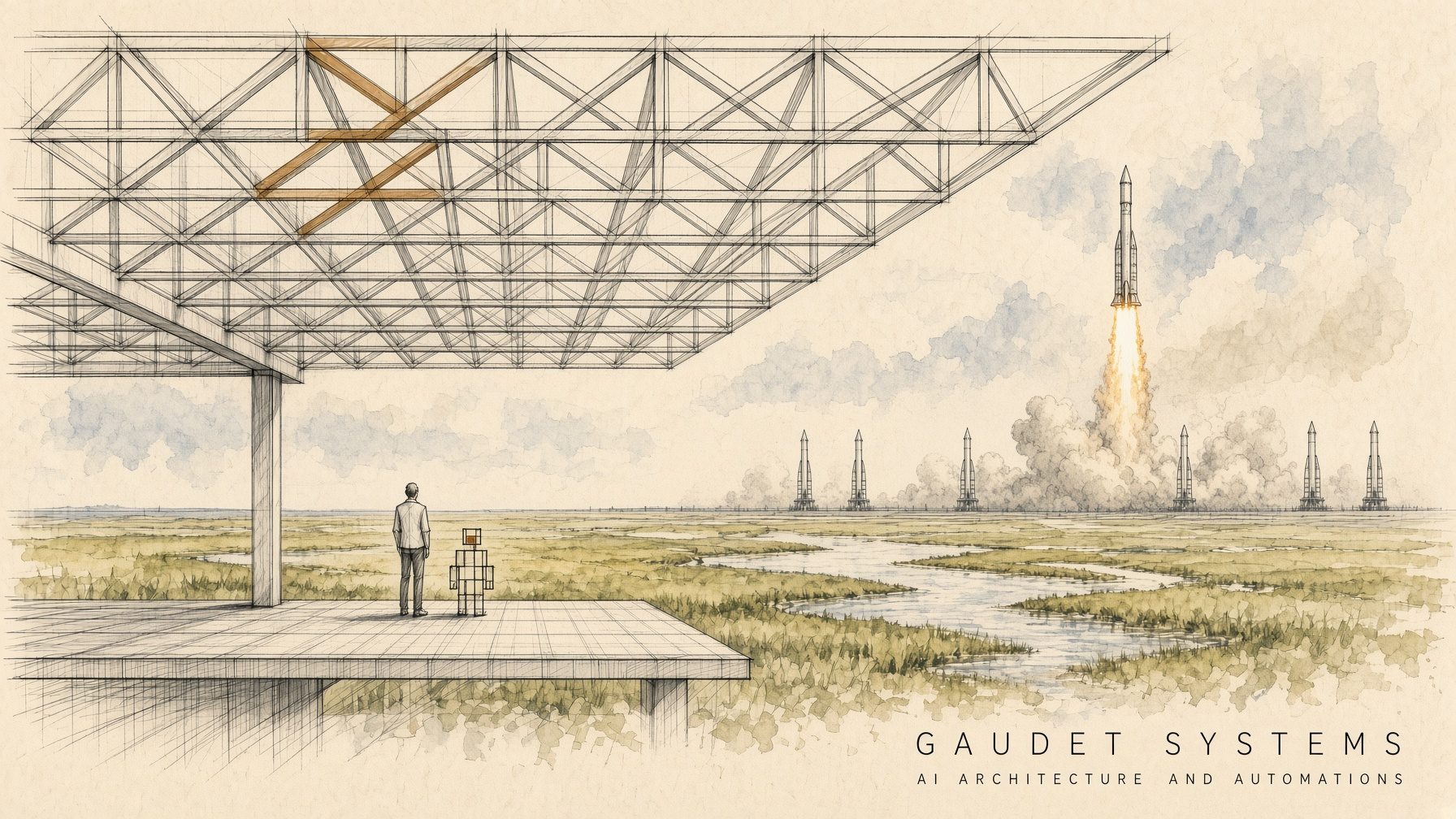 Drawing of a launch in progress over the marsh, seen from a covered platform