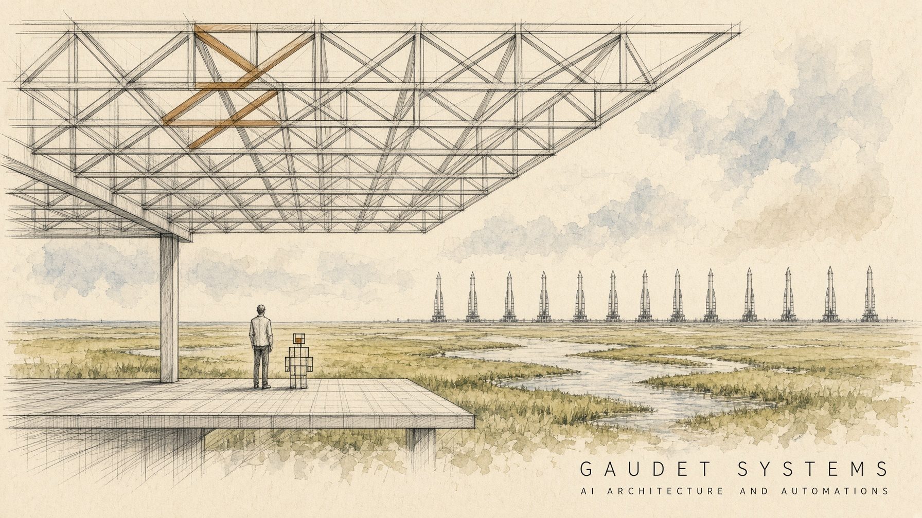 Drawing of a covered platform over Louisiana salt marsh with a row of launch towers on the horizon